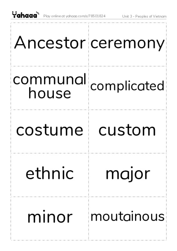 Word flashcards worksheet for Unit 3 - Peoples of Vietnam