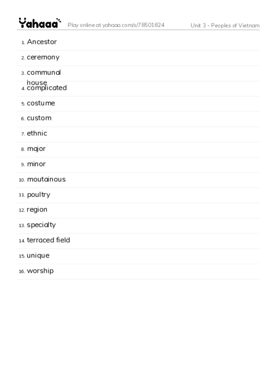 Word list with meanings worksheet for Unit 3 - Peoples of Vietnam