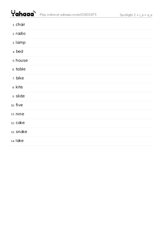 Word list with meanings worksheet for Spotlight 2 + i_e + a_e