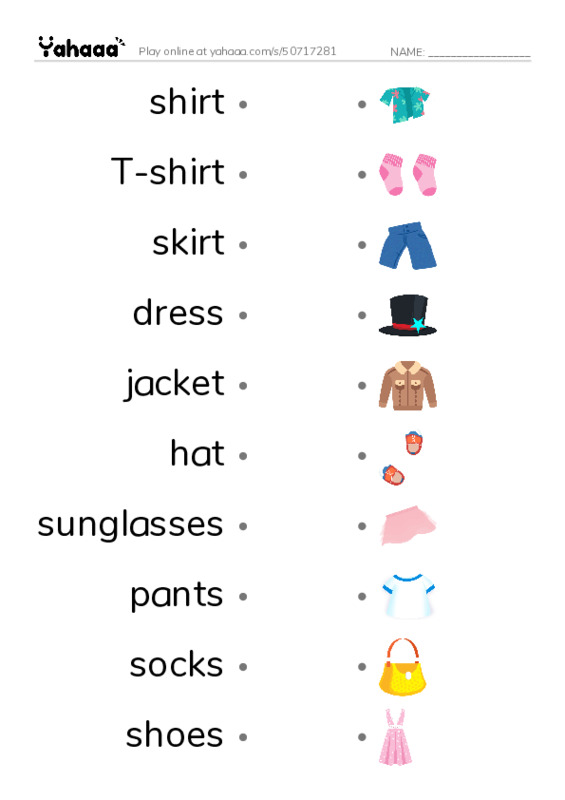 Draw a line to match worksheet for Unit 8: In my clothes cupboard