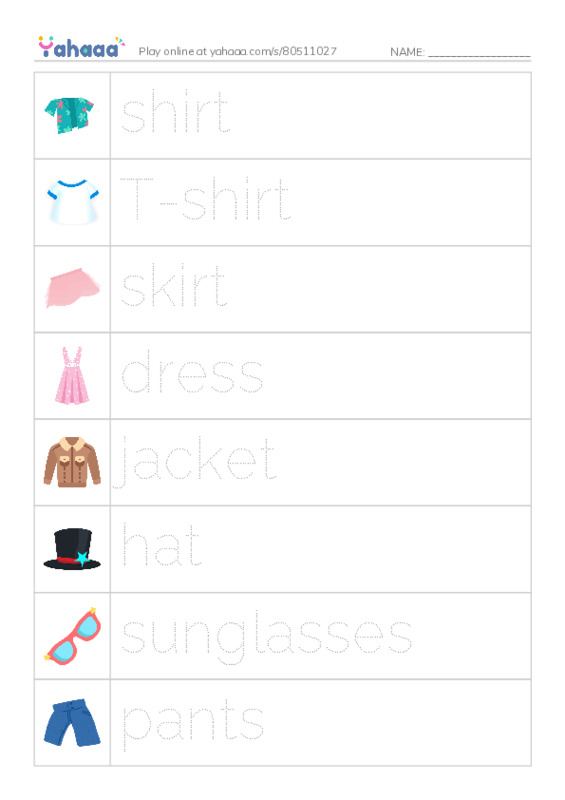 Picture and word rows worksheet for Unit 8: In my clothes cupboard
