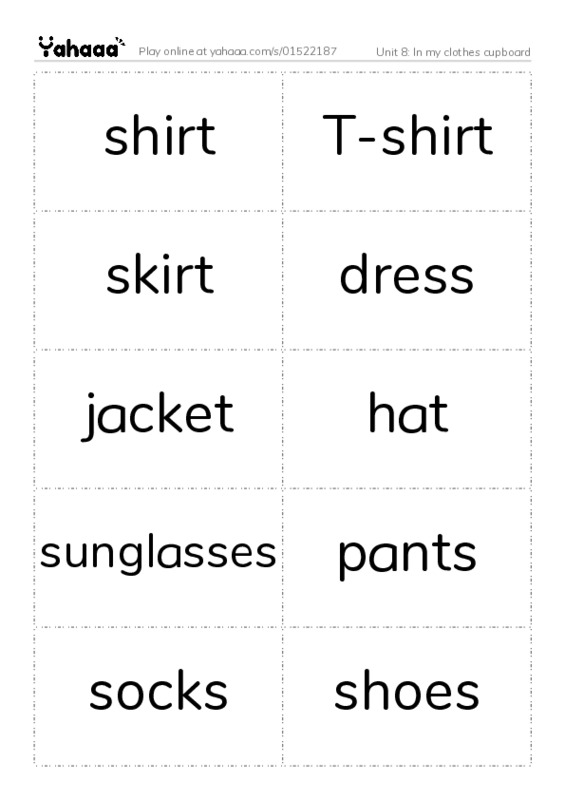 Word flashcards worksheet for Unit 8: In my clothes cupboard