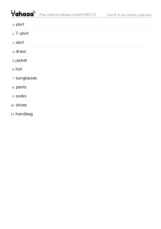 Word list with meanings worksheet for Unit 8: In my clothes cupboard