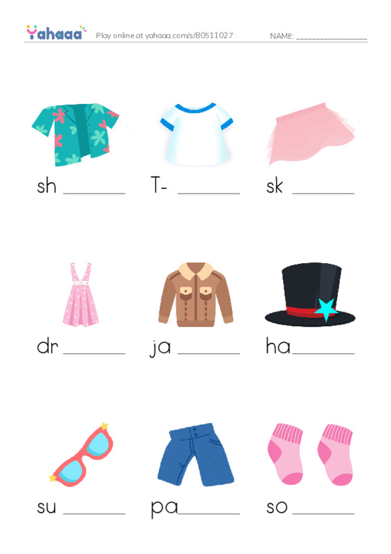 Finish the word worksheet for Unit 8: In my clothes cupboard