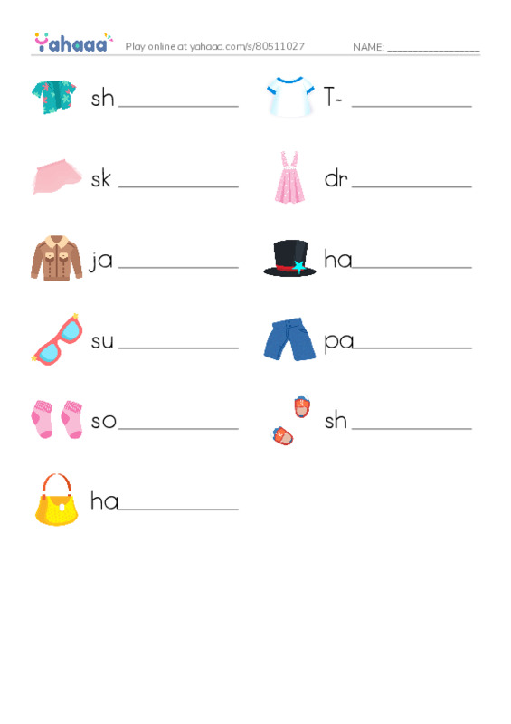 Write the word rows worksheet for Unit 8: In my clothes cupboard