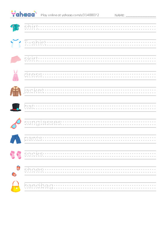 Handwriting lines worksheet for Unit 8: In my clothes cupboard