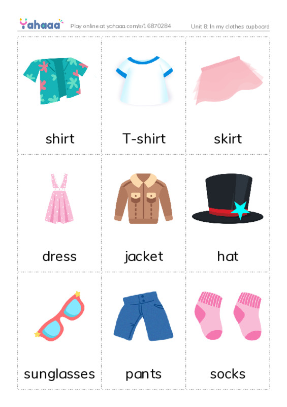Picture flashcards worksheet for Unit 8: In my clothes cupboard