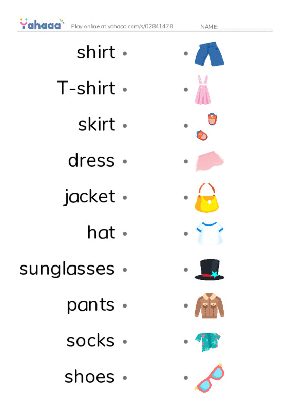 Draw a line to match worksheet for Unit 8: In my clothes cupboard