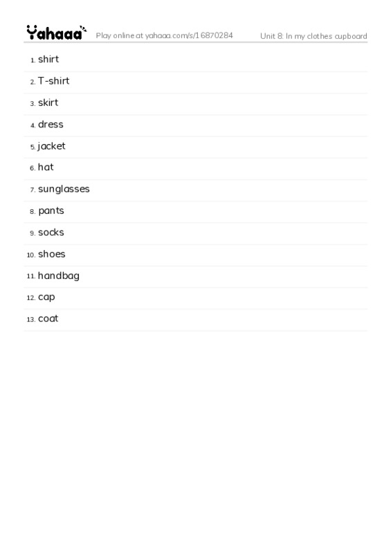 Word list with meanings worksheet for Unit 8: In my clothes cupboard