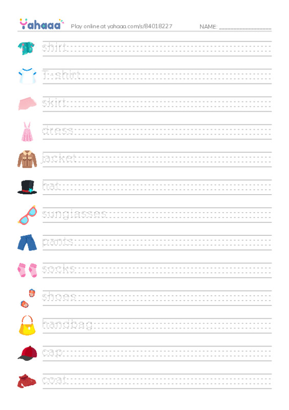 Handwriting lines worksheet for Unit 8: In my clothes cupboard