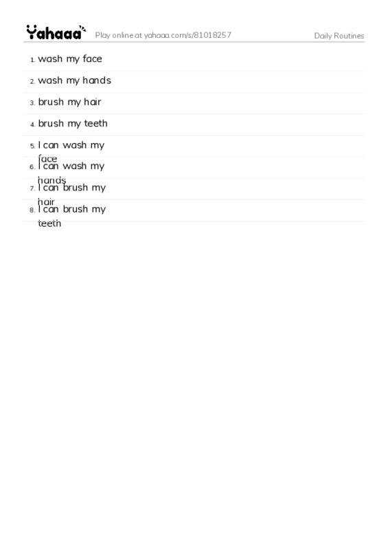 Word list with meanings worksheet for Daily Routines