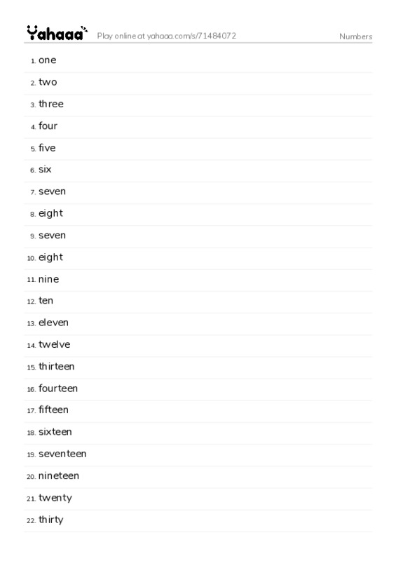Word list with meanings worksheet for Numbers