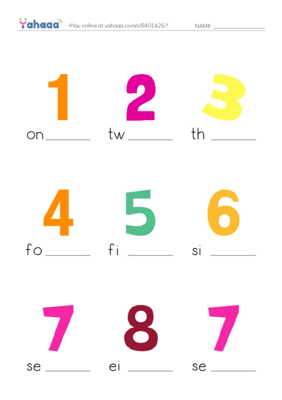 Finish the word worksheet for Numbers