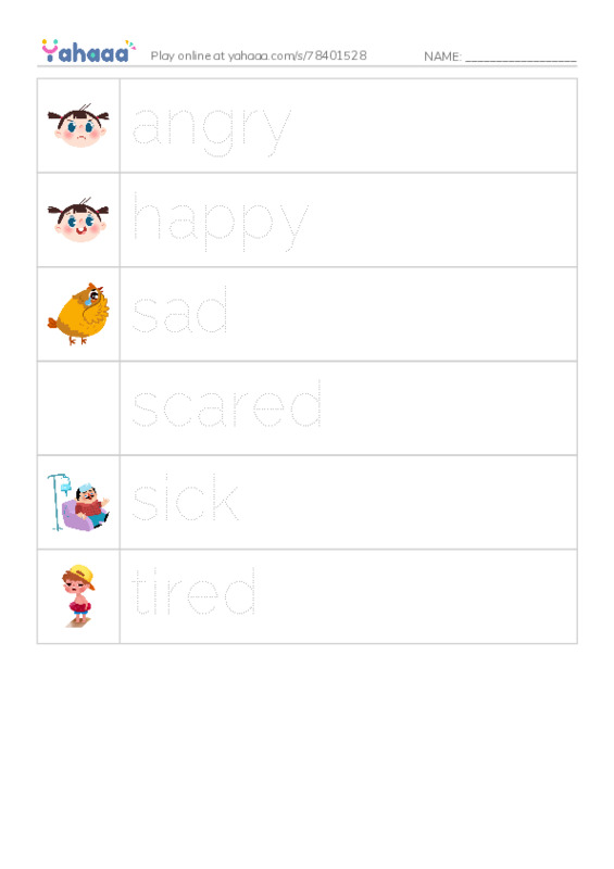Picture and word rows worksheet for Feeling