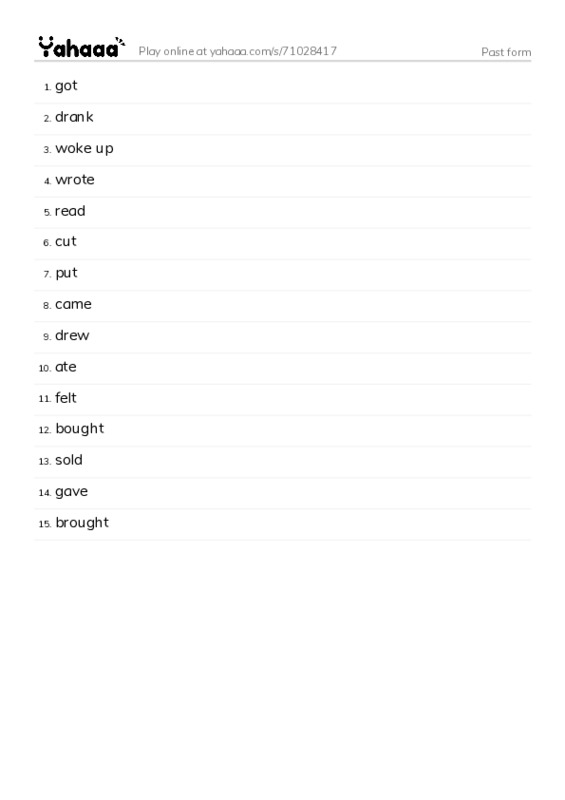 Word list with meanings worksheet for Past form