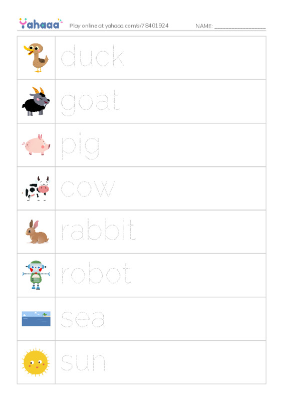 Picture and word rows worksheet for Week 4 - Grade 2