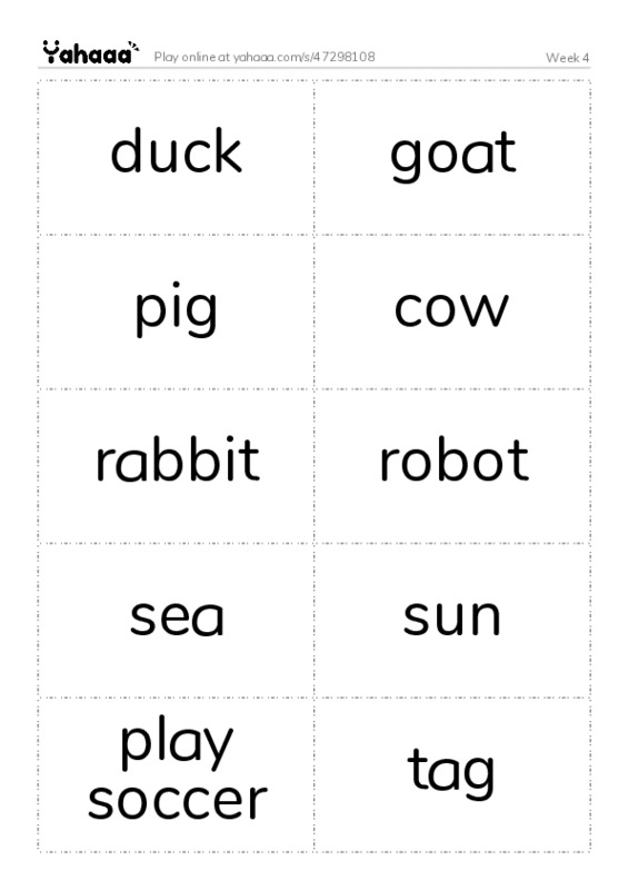 Word flashcards worksheet for Week 4 - Grade 2