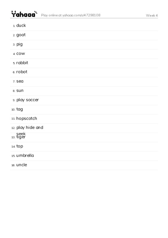 Word list with meanings worksheet for Week 4 - Grade 2