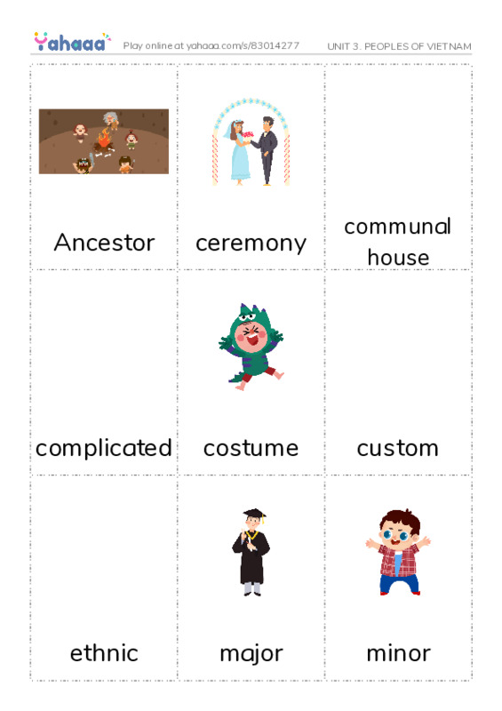 Picture flashcards worksheet for UNIT 3. PEOPLES OF VIETNAM
