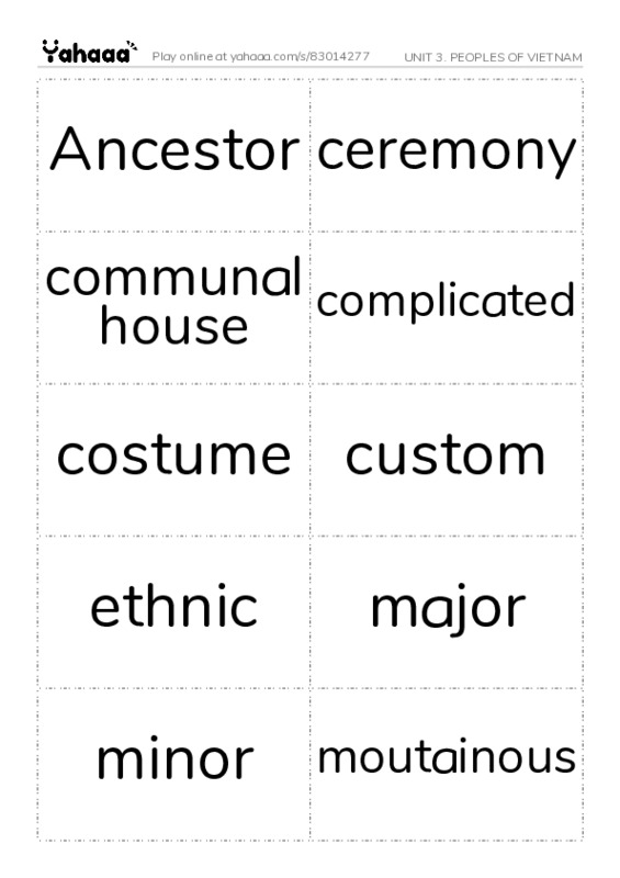 Word flashcards worksheet for UNIT 3. PEOPLES OF VIETNAM