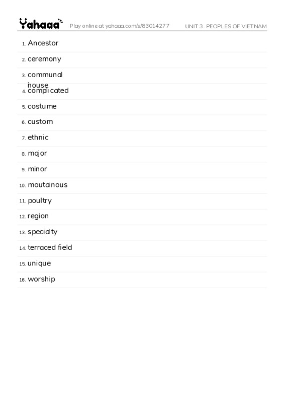 Word list with meanings worksheet for UNIT 3. PEOPLES OF VIETNAM