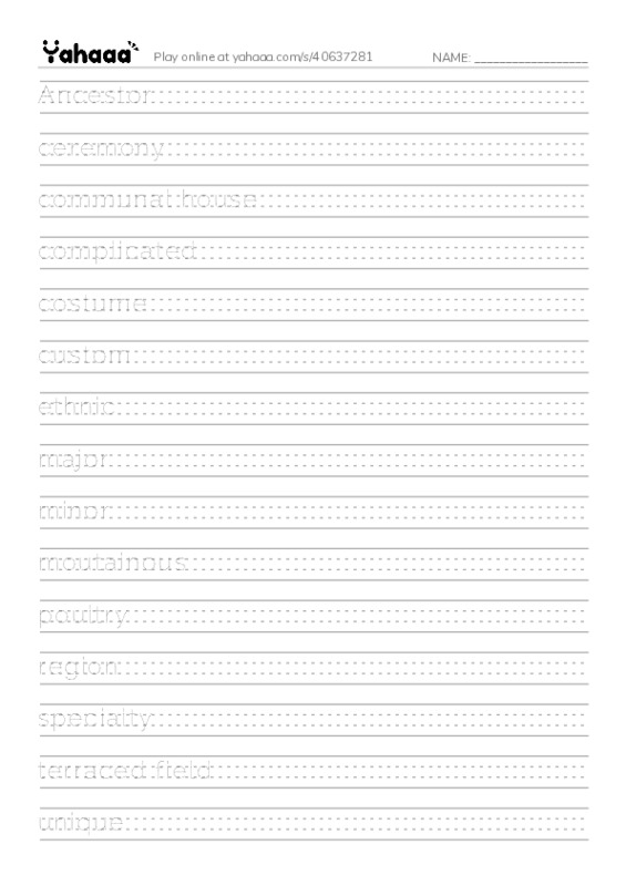 Handwriting lines worksheet for UNIT 3. PEOPLES OF VIETNAM