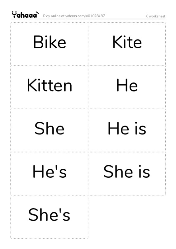 Word flashcards worksheet for K worksheet
