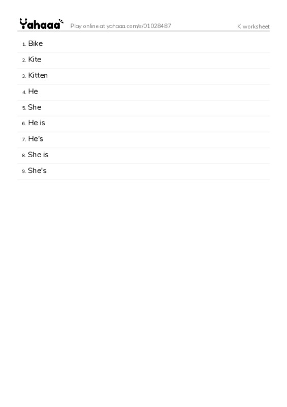Word list with meanings worksheet for K worksheet