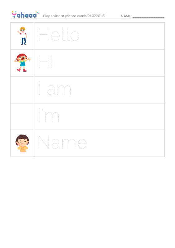 Picture and word rows worksheet for Hello