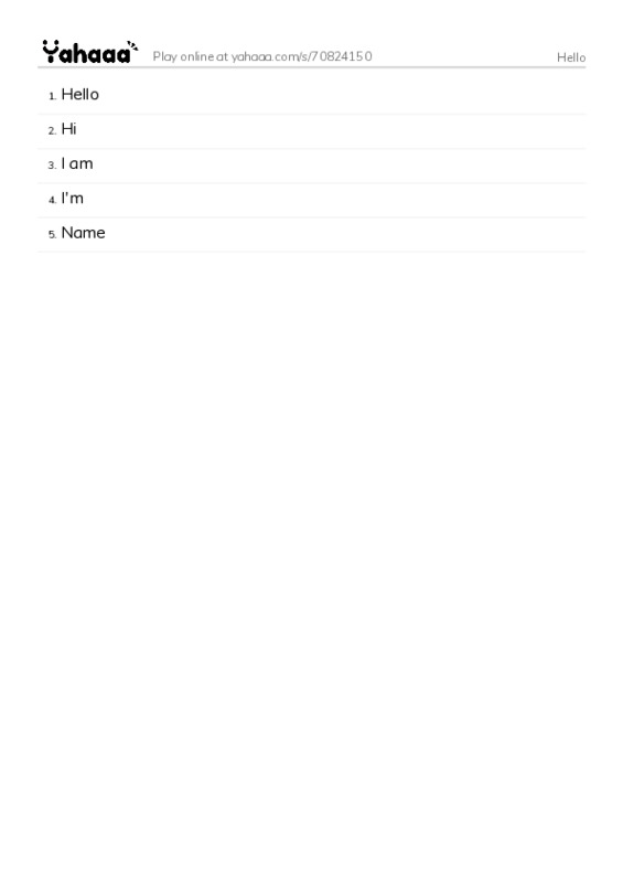Word list with meanings worksheet for Hello