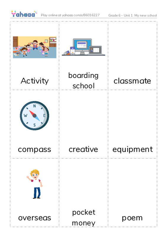 Picture flashcards worksheet for Grade 6 - Unit 1: My new school