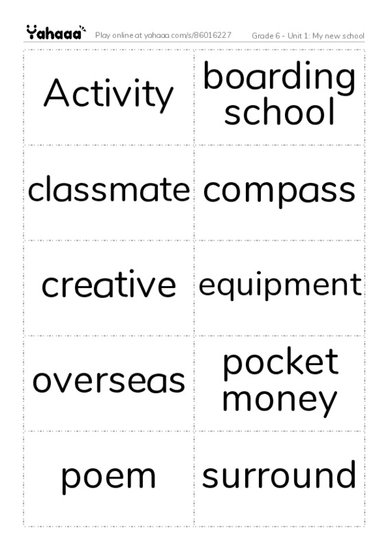 Word flashcards worksheet for Grade 6 - Unit 1: My new school