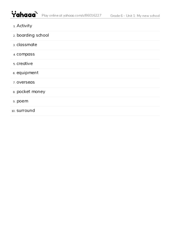 Word list with meanings worksheet for Grade 6 - Unit 1: My new school
