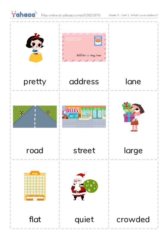 Picture flashcards worksheet for Grade 5 - Unit 1: What's your address?