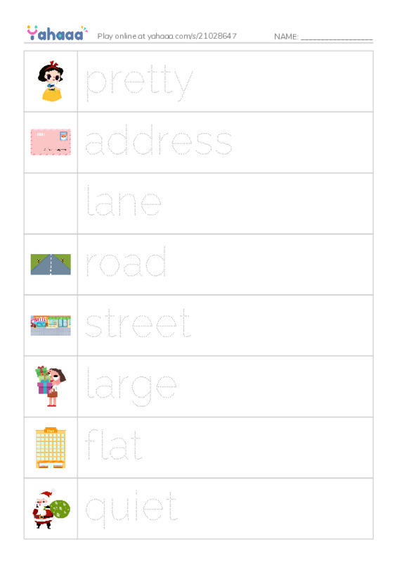 Picture and word rows worksheet for Grade 5 - Unit 1: What's your address?