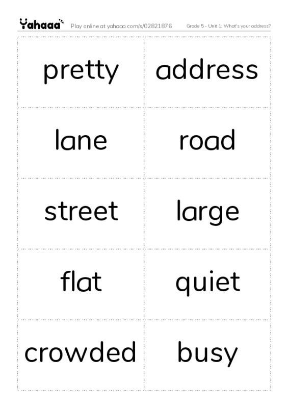 Word flashcards worksheet for Grade 5 - Unit 1: What's your address?