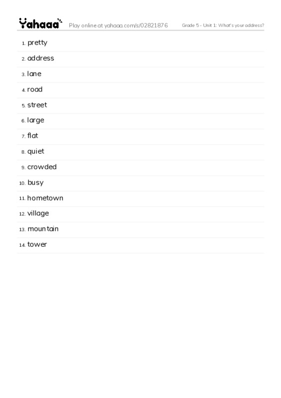 Word list with meanings worksheet for Grade 5 - Unit 1: What's your address?