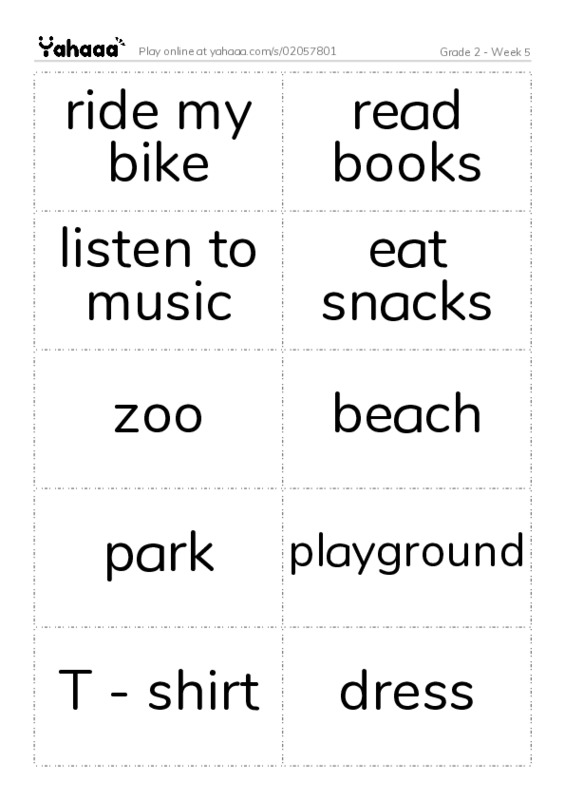 Word flashcards worksheet for Grade 2 - Week 5