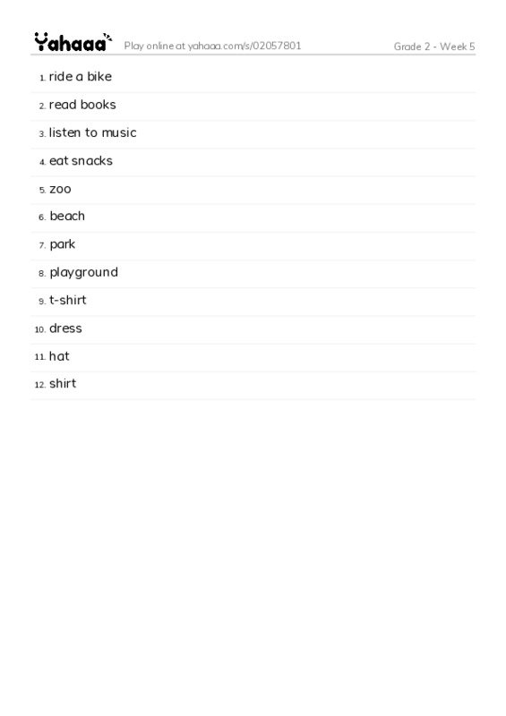 Word list with meanings worksheet for Grade 2 - Week 5