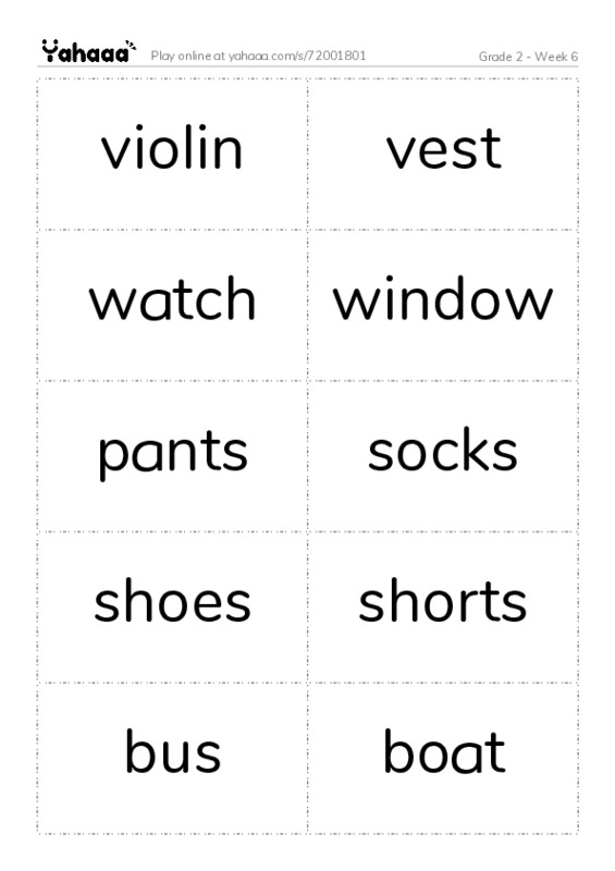 Word flashcards worksheet for Grade 2 - Week 6