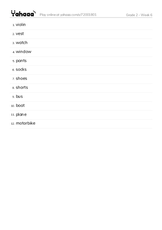 Word list with meanings worksheet for Grade 2 - Week 6