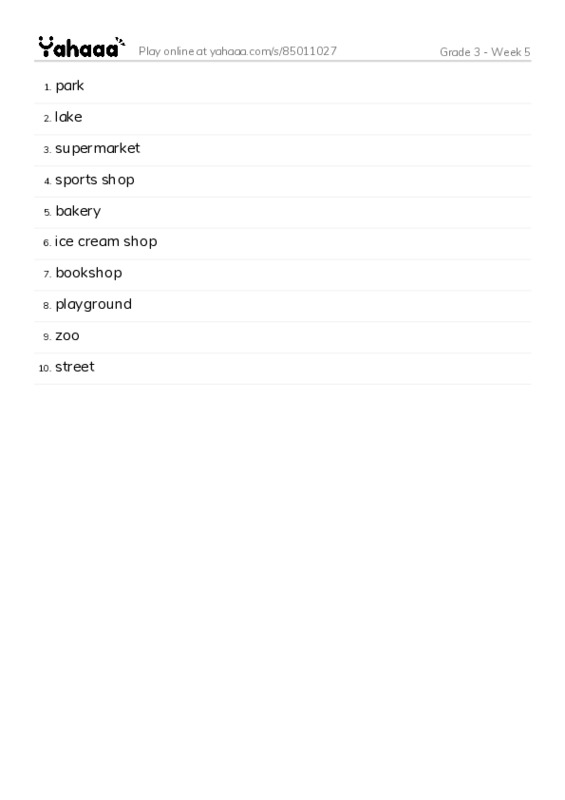 Word list with meanings worksheet for Grade 3 - Week 5