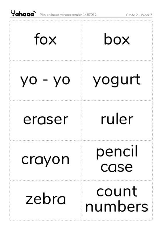Word flashcards worksheet for Grade 2 - Week 7