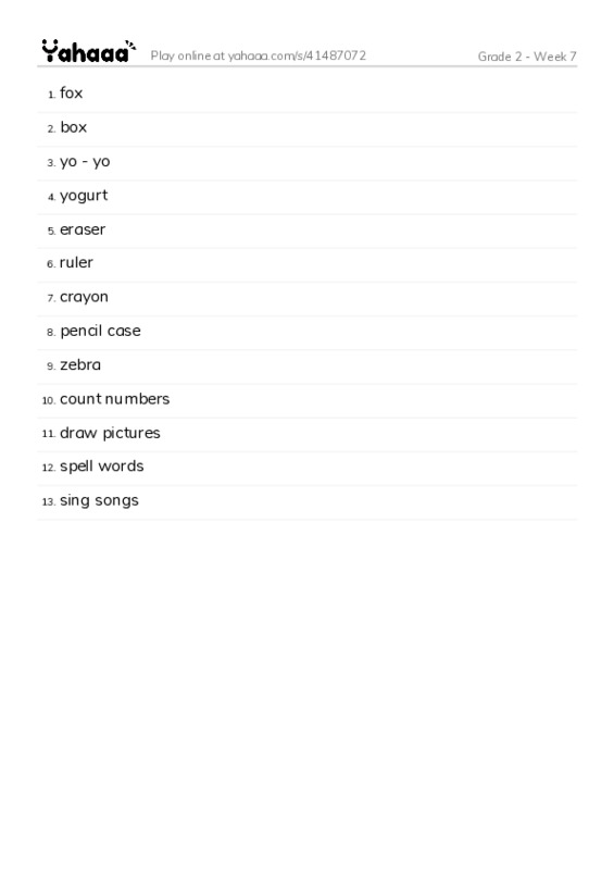 Word list with meanings worksheet for Grade 2 - Week 7