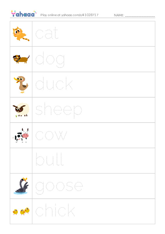 Picture and word rows worksheet for On the farm