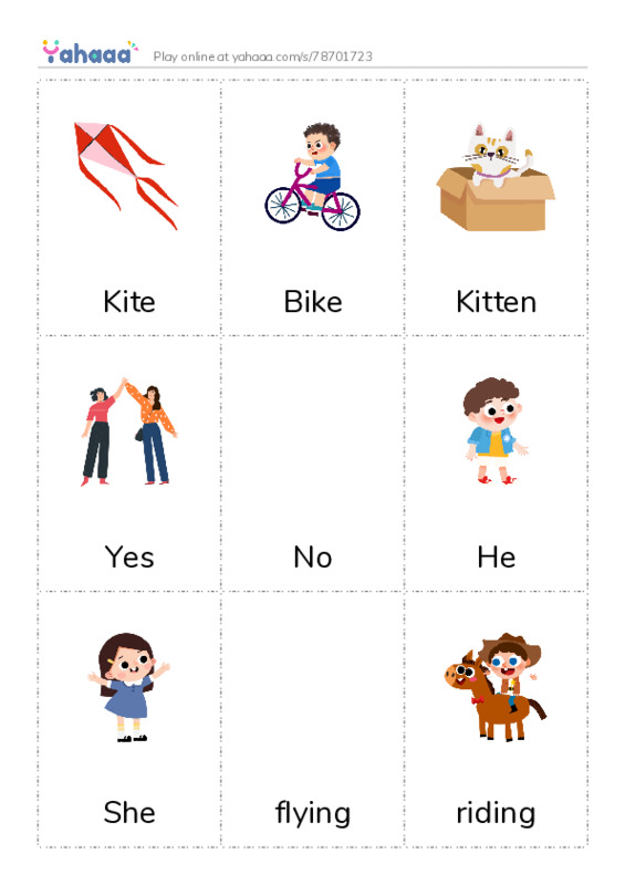 Picture flashcards worksheet for Kite, Bike, Kitten and 10 more
