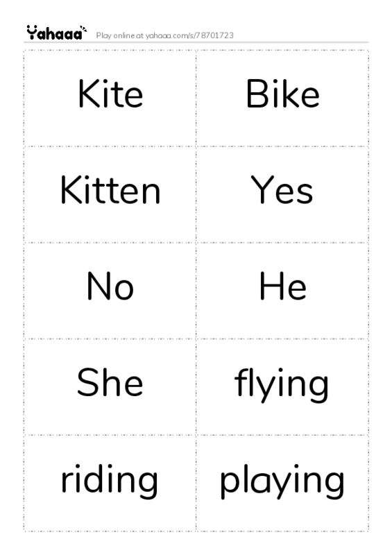 Word flashcards worksheet for Kite, Bike, Kitten and 10 more