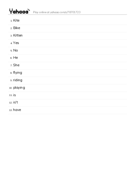 Word list with meanings worksheet for Kite, Bike, Kitten and 10 more