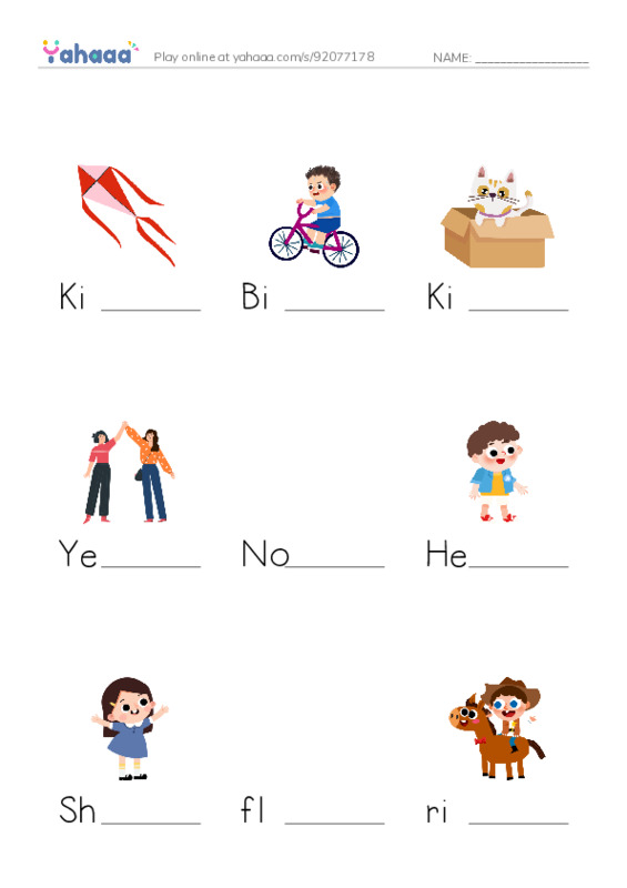 Finish the word worksheet for Kite, Bike, Kitten and 10 more