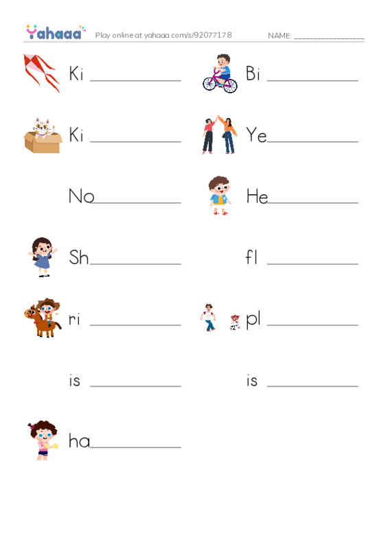 Write the word rows worksheet for Kite, Bike, Kitten and 10 more